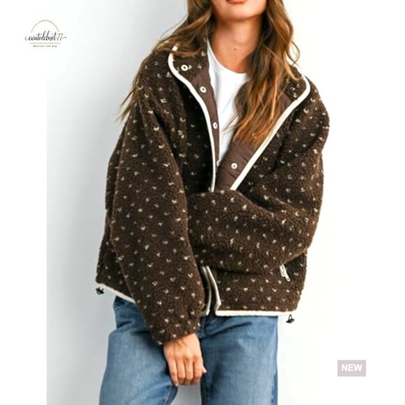 Women's Fleece Jacket Button Down Lapel Collar Sherpa Quilted Outerwear - Picture 4 of 7